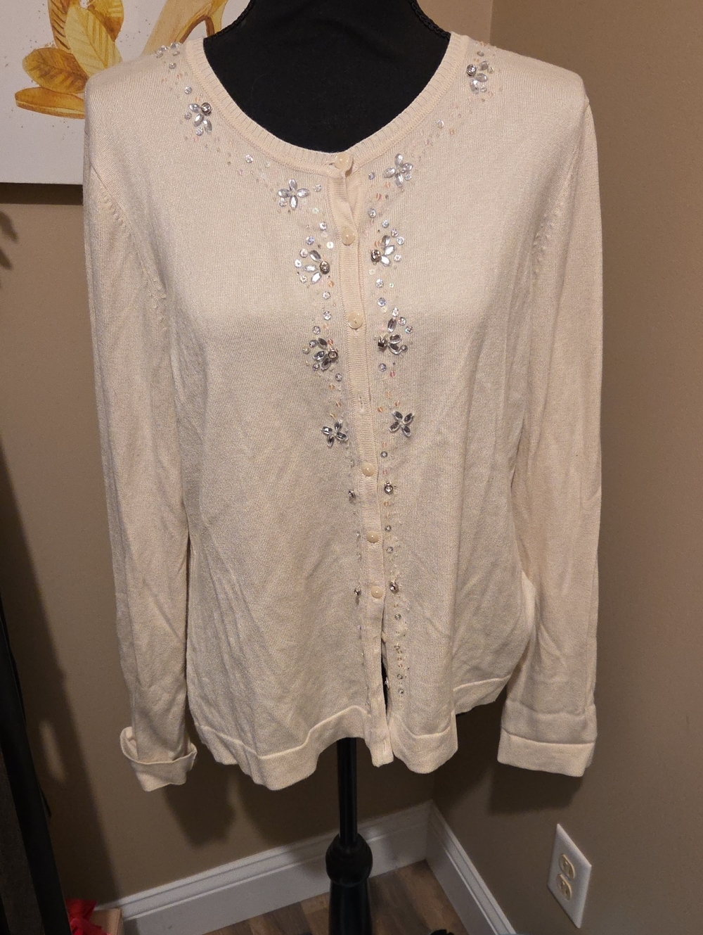 croft & barrow Cream Embellished Button-Front Cardigan